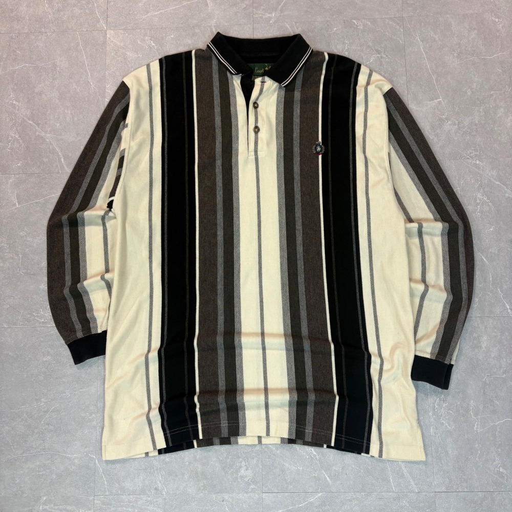 90's white and black stripped rugby pol0
